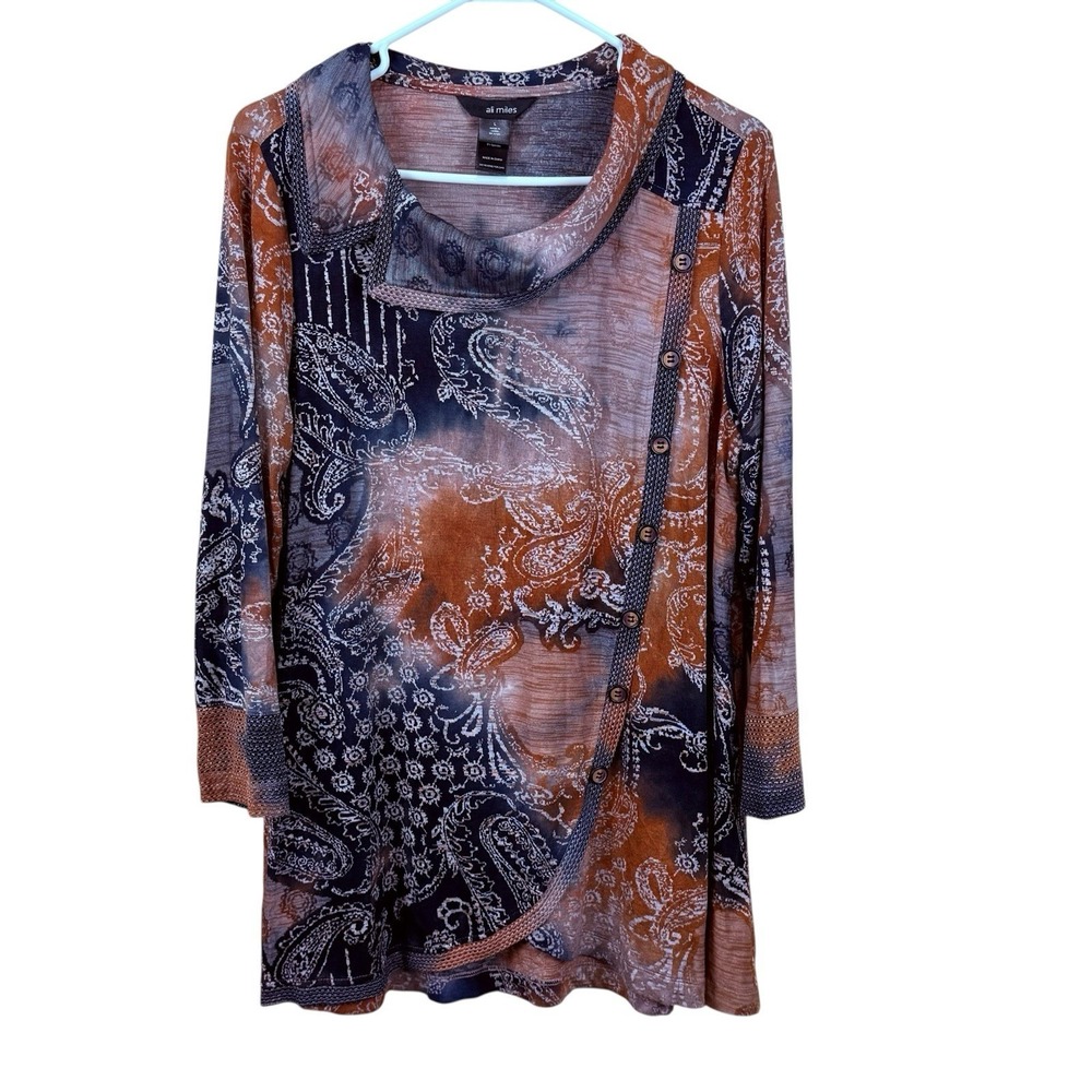 ALI MILES Womens L Brown Multi Abstract Knit Tunic Top Cowl Neck Crochet Cuffs